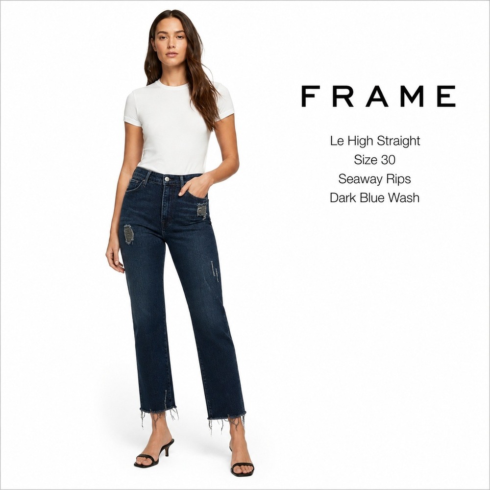 FRAME Le High Straight Womens 30 Dark Blue Seaway Rips Distressed Grunge Edgy
